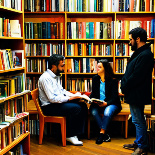 Home 6 **
A vibrant Spanish bookstore overflowing with books. Patrons browse the shelves, some reading, others conversing quietly. Warm, inviting lighting. Focus on the diversity of book covers and the engaged atmosphere. Emphasis on warm colors and a sense of community. Include "safe for work," "appropriate content," "fully clothed," "professional," "natural proportions," "perfect anatomy." People in modest clothing, reading and discussing literature. High quality, professional photography.
**