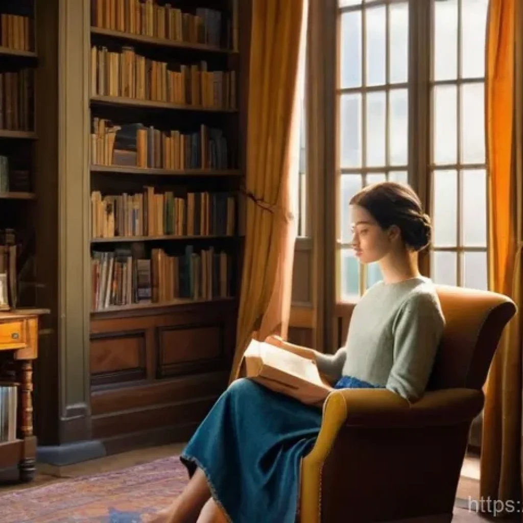 고전 문학 필독서 - **Prompt:** A cozy, antique-style armchair sits in a warmly lit living room, filled with bookshelves...