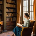 고전 문학 필독서 - **Prompt:** A cozy, antique-style armchair sits in a warmly lit living room, filled with bookshelves...
