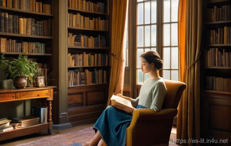 고전 문학 필독서 - **Prompt:** A cozy, antique-style armchair sits in a warmly lit living room, filled with bookshelves...