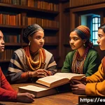 Home 19 문학에서의 윤리 문제 - A diverse group of literary characters engaged in deep conversation inside a cozy, warmly lit librar...