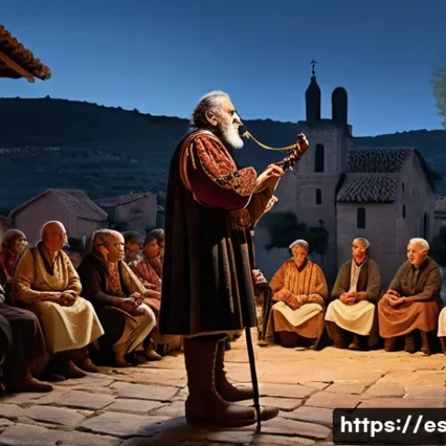Home 30 서사시의 기원과 발전 - A vibrant scene depicting an ancient bard in traditional Iberian medieval attire, reciting heroic ep...