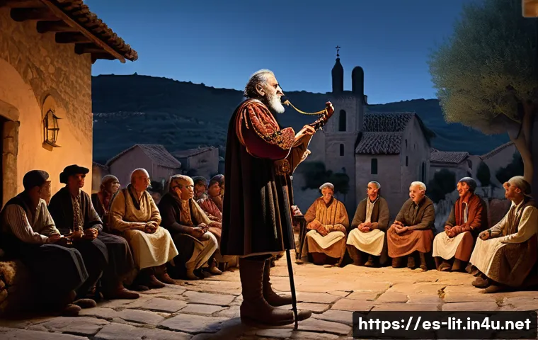 서사시의 기원과 발전 - A vibrant scene depicting an ancient bard in traditional Iberian medieval attire, reciting heroic ep...
