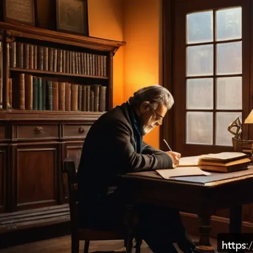 Home 17 서사 구조와 시간성 - A cozy, warmly lit study room with a writer sitting at an antique wooden desk, surrounded by books a...