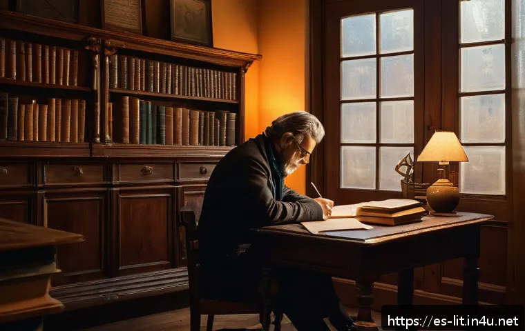 서사 구조와 시간성 - A cozy, warmly lit study room with a writer sitting at an antique wooden desk, surrounded by books a...
