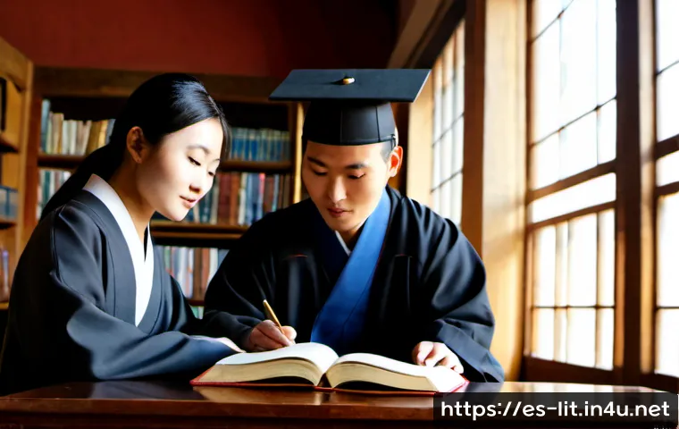 한중 문학 교류 - Photorealistic university library scene showing a Korean scholar and a Chinese scholar sharing an op...