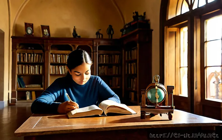융의 원형과 문학 - Photorealistic editorial scene in a historic Spanish library, thoughtful middle-aged Hispanic woman ...